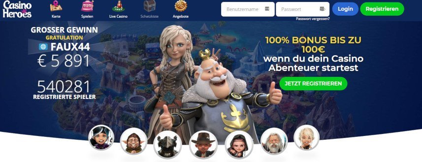 Casino Heroes Online Casinotest Homepage Screenshot mit Willkommensbonus